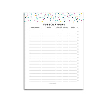 Load image into Gallery viewer, Printable-Subscription Tracker | Signature Confetti-Rings and Disc Planner-Confetti Saturday
