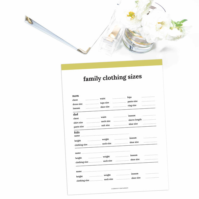 Free Printable Family Clothing Size Planner
