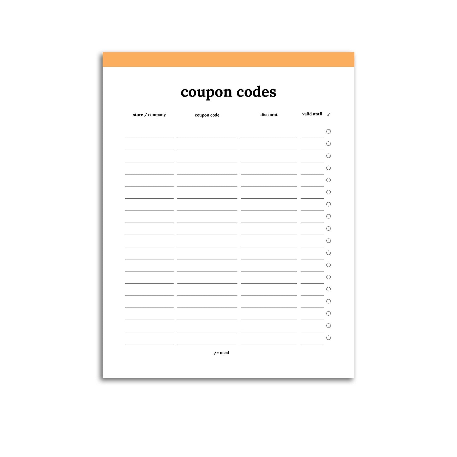 Discount Codes Tracker Printable Coupon Code Tracker Shop Discount