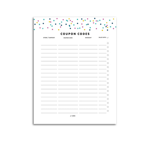 Printable-Coupon Code Tracker | Signature Confetti-Rings and Disc Planner-Confetti Saturday